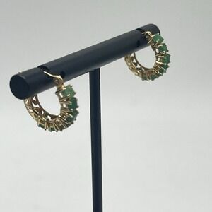 Designer Green Emerald 14k MEXICO Yellow Gold 585 Filigree Huggie Hoop Earrings